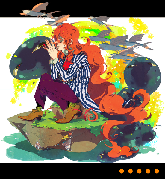 Anime picture 1500x1633 with gake no ue no ponyo studio ghibli fujimoto n (pixiv) long hair tall image red hair very long hair striped face paint boy water shoes jacket pants fish (fishes)