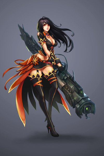 Anime picture 800x1200 with original chaosringen single long hair tall image looking at viewer fringe breasts black hair simple background red eyes large breasts cleavage lips realistic no bra high heels lipstick glowing weapon girl