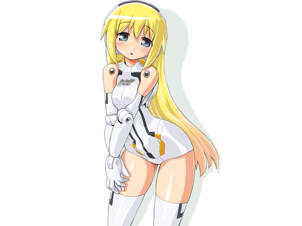 Anime picture 1280x960 with busou shinki single long hair blush open mouth blue eyes blonde hair simple background standing white background bare shoulders shadow girl thighhighs white thighhighs headphones bodysuit