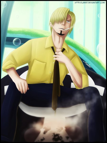 Anime picture 1024x1368 with one piece toei animation sanji law67 single tall image looking at viewer fringe short hair blonde hair sitting black eyes hair over one eye coloring smoke adjusting necktie boy shirt necktie pants