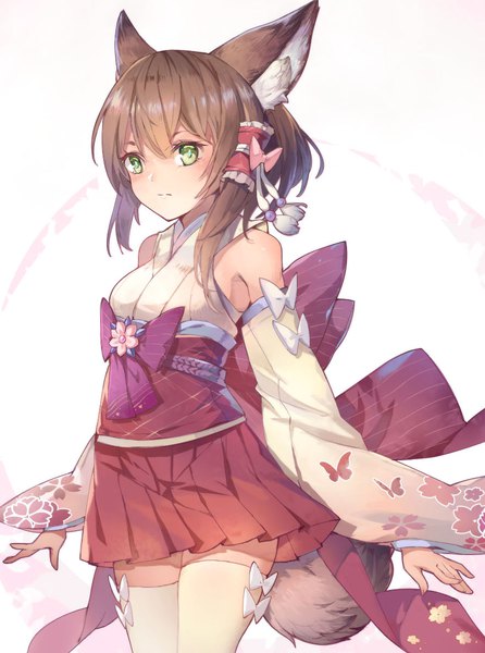 Anime picture 882x1187 with original samu (a117216) single long hair tall image looking at viewer fringe simple background brown hair standing white background bare shoulders green eyes animal ears tail traditional clothes japanese clothes animal tail wide sleeves zettai ryouiki