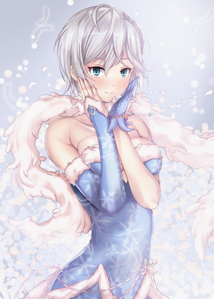 Anime picture 1042x1451 with idolmaster idolmaster cinderella girls anastasia (idolmaster) untue single tall image looking at viewer blush fringe short hair breasts light erotic simple background smile hair between eyes large breasts standing bare shoulders silver hair fur trim