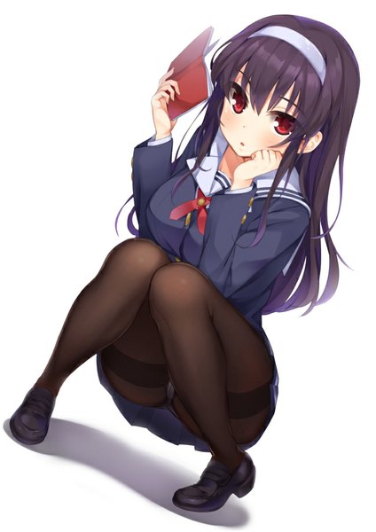 Anime picture 650x919 with saenai heroine no sodatekata a-1 pictures kasumigaoka utaha hym9594 single long hair tall image blush fringe breasts light erotic black hair simple background red eyes large breasts white background sitting holding purple hair parted lips