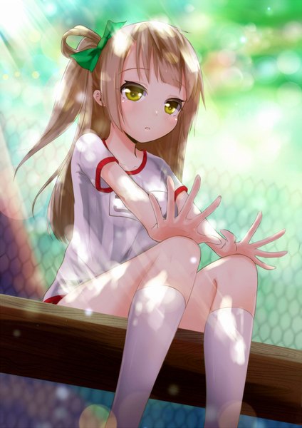 Anime picture 1240x1753 with love live! school idol project sunrise (studio) love live! minami kotori rokuroku single long hair tall image blush blonde hair yellow eyes sunlight from below one side up girl uniform bow hair bow socks white socks