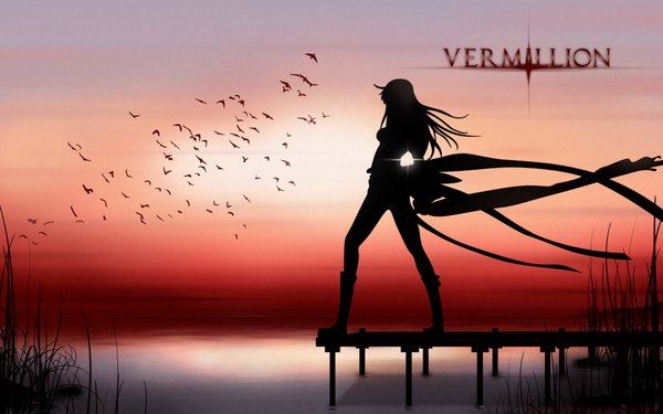 Anime picture 1920x1200 with single highres wide image evening sunset landscape silhouette girl animal water bird (birds) pier
