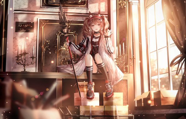Anime picture 4200x2700 with arknights angelina (arknights) junpaku karen single long hair looking at viewer blush fringe highres open mouth smile hair between eyes red eyes brown hair sitting twintails holding animal ears payot absurdres