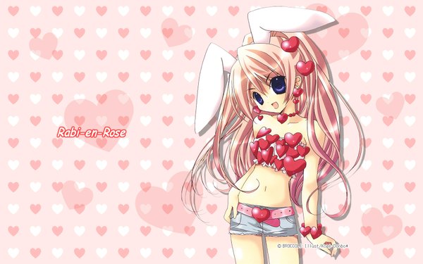 Anime picture 1920x1200 with di gi charat madhouse usada hikaru rabi en rose single long hair looking at viewer highres open mouth blue eyes wide image pink hair ponytail bunny ears wallpaper hand on hip bunny girl girl navel earrings