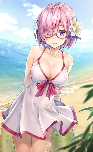 Anime picture 650x1060 with fate (series) fate/grand order mash kyrielight mash kyrielight (swimsuit of perpetual summer) kotatsu (kotatsu358) single tall image looking at viewer blush fringe short hair breasts open mouth large breasts standing purple eyes bare shoulders holding pink hair sky