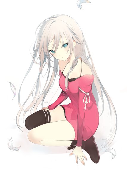 Anime picture 650x914 with vocaloid ia (vocaloid) lpip single long hair tall image looking at viewer blush fringe blue eyes simple background hair between eyes white background sitting bare shoulders full body ahoge bent knee (knees) braid (braids) head tilt