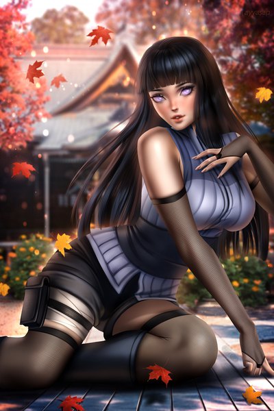 Anime picture 3000x4501 with naruto studio pierrot naruto (series) hyuuga hinata ayyasap single long hair tall image looking at viewer blush fringe highres breasts black hair large breasts purple eyes bare shoulders signed bent knee (knees) outdoors
