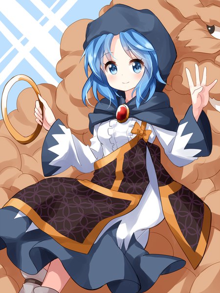 Anime picture 1000x1333 with touhou kumoi ichirin unzan ruu (tksymkw) tall image looking at viewer blush short hair blue eyes smile standing blue hair long sleeves light smile wide sleeves waving girl skirt animal hood