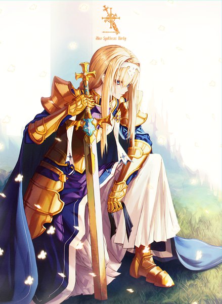 Anime picture 1623x2217 with sword art online sword art online: alicization a-1 pictures alice zuberg andi 1021 single long hair tall image blush fringe blue eyes blonde hair hair between eyes holding payot full body bent knee (knees) braid (braids) leaning leaning forward