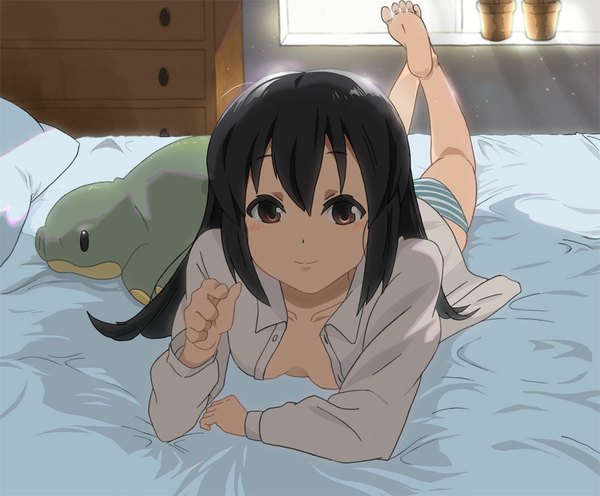 Anime picture 1000x828 with k-on! kyoto animation nakano azusa chiro (pixiv) single long hair looking at viewer light erotic black hair brown eyes bent knee (knees) lying barefoot open clothes no bra bare legs shadow pantyshot open shirt crossed legs
