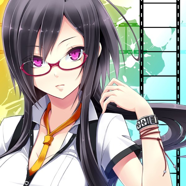 Anime picture 1200x1200 with original tel-o long hair black hair pink eyes girl glasses necktie bracelet