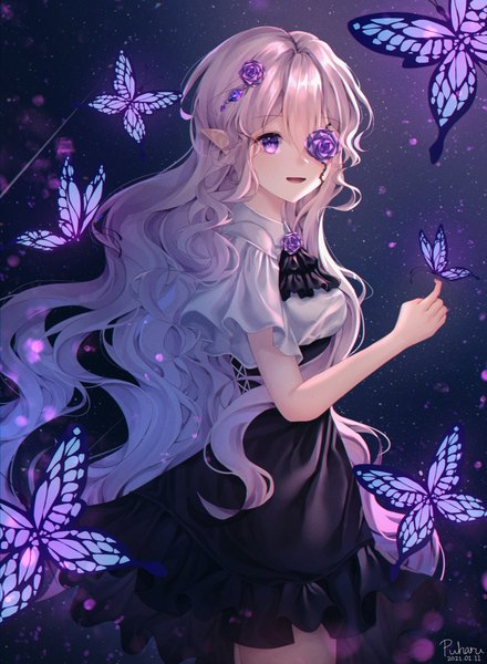 Anime picture 1502x2048 with original puharu single long hair tall image looking at viewer fringe open mouth simple background smile hair between eyes standing purple eyes silver hair :d pointy ears short sleeves wavy hair covering eye (eyes) butterfly on hand