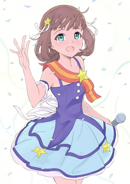 Anime picture 750x1061 with idolmaster idolmaster (classic) amami haruka kawasaki kazuhiko single tall image fringe short hair open mouth brown hair white background bare shoulders green eyes from above forever star (idolmaster) girl dress hair ornament microphone teardrop