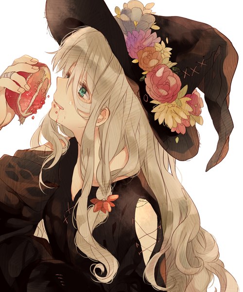 Anime picture 1500x1800 with original suzukiko single long hair tall image blush fringe open mouth simple background blonde hair white background green eyes looking away crying girl dress flower (flowers) hat black dress witch hat