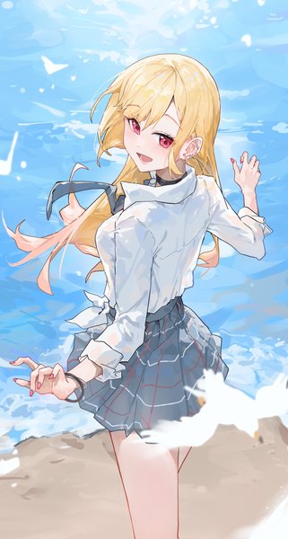 Anime picture 1907x3567 with sono bisque doll wa koi wo suru cloverworks kitagawa marin sentter single long hair tall image looking at viewer fringe highres open mouth blonde hair smile standing outdoors long sleeves nail polish :d pleated skirt pink eyes