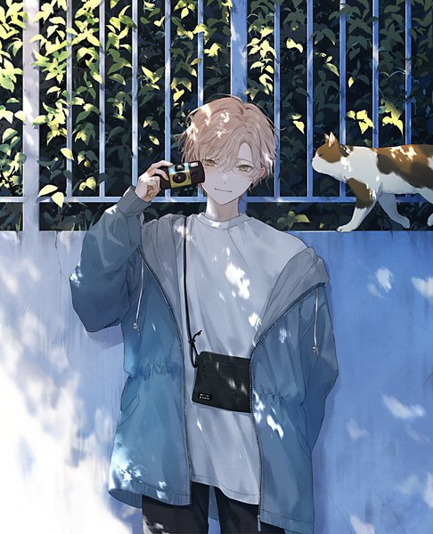 Anime picture 2728x3367 with original hama m single tall image looking at viewer fringe highres short hair blonde hair hair between eyes standing yellow eyes outdoors off shoulder open jacket boy animal jacket cat bag