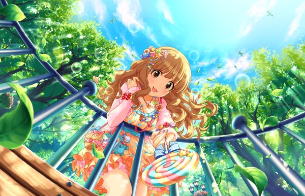 Anime picture 1280x824 with idolmaster idolmaster cinderella girls moroboshi kirari single long hair blush open mouth brown hair brown eyes girl dress hair ornament plant (plants) tree (trees) food sweets leaf (leaves) candy lollipop star hair ornament
