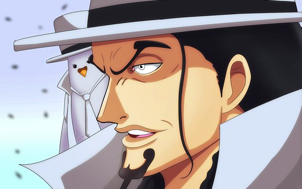 Anime picture 4000x2500 with one piece toei animation rob lucci hattori (one piece) bryanfavr single highres short hair open mouth black hair looking away absurdres profile black eyes teeth coloring shaded face eyebrows face animal on shoulder