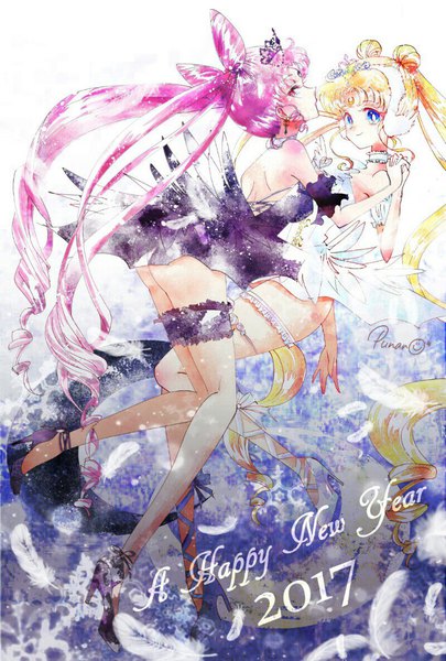 Anime picture 800x1183 with bishoujo senshi sailor moon toei animation tsukino usagi sailor moon chibiusa princess serenity black lady punano long hair tall image blue eyes light erotic blonde hair red eyes twintails multiple girls signed pink hair bent knee (knees) looking back