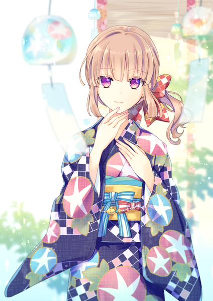 Anime picture 868x1228 with original goma (11zihisin) single tall image looking at viewer fringe short hair brown hair purple eyes payot blunt bangs traditional clothes japanese clothes light smile side ponytail otoko no ko boy bow hair bow obi
