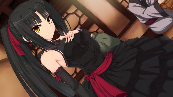 Anime picture 1280x720 with sangoku hime unicorn-a long hair black hair wide image yellow eyes game cg ponytail girl dress detached sleeves