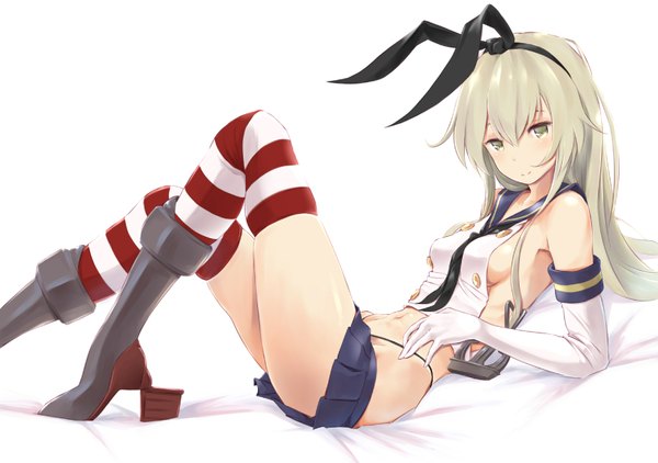 Anime picture 1736x1223 with kantai collection shimakaze destroyer wa (genryusui) single long hair looking at viewer blush highres light erotic simple background blonde hair white background sitting no bra grey eyes sideboob girl thighhighs skirt gloves