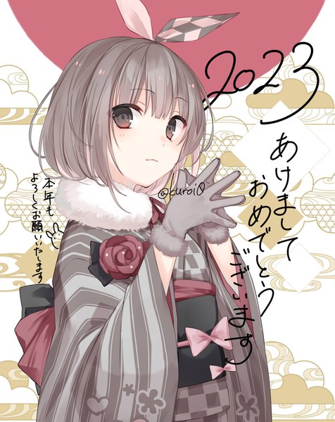 Anime picture 1175x1480 with original kuroi (liar-player) single tall image looking at viewer short hair upper body traditional clothes japanese clothes grey hair black eyes new year checkered happy new year fingers together 2023 akeome girl gloves ribbon (ribbons)