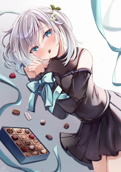 Anime picture 1191x1684 with original sakura hiyori single tall image blush fringe short hair blue eyes hair between eyes holding silver hair one side up mouth hold valentine food in mouth bound hands girl ribbon (ribbons) food sweets