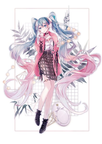 Anime picture 1000x1414 with vocaloid hatsune miku mamenomoto single tall image looking at viewer fringe simple background hair between eyes standing white background twintails pink hair red hair very long hair parted lips head tilt aqua eyes aqua hair open jacket