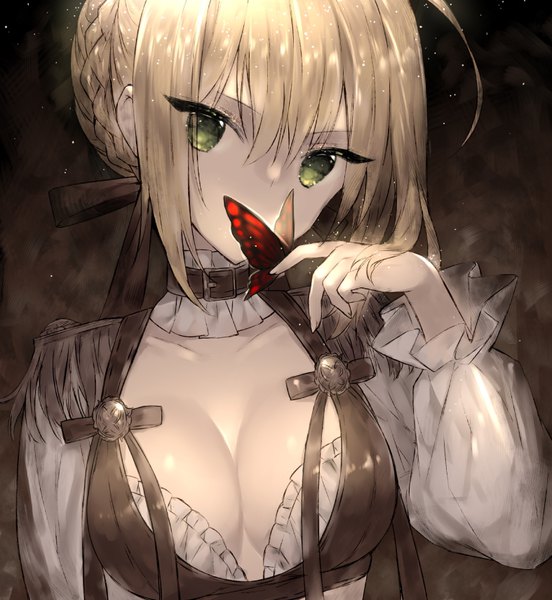Anime picture 787x856 with fate (series) fate/extra nero claudius (fate) (all) nero claudius (fate) touwa nikuman single tall image looking at viewer fringe short hair breasts light erotic blonde hair hair between eyes green eyes payot cleavage upper body ahoge braid (braids)