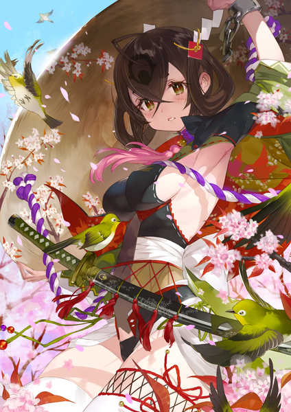 Anime picture 1013x1432 with original tonito single long hair tall image blush fringe breasts light erotic black hair hair between eyes holding green eyes ahoge arm up from below sideboob cherry blossoms girl weapon