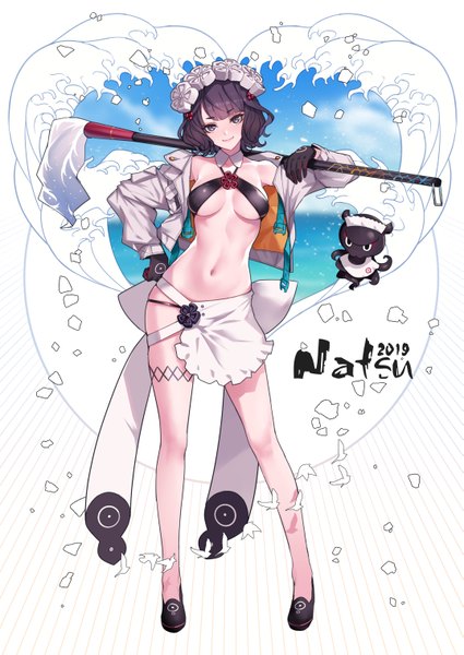 Anime picture 2149x3035 with fate (series) fate/grand order katsushika hokusai (fate/grand order) tokitarou (fate/grand order) ban! (bansankan) single tall image looking at viewer fringe highres short hair breasts light erotic smile large breasts white background purple eyes bare shoulders holding purple hair