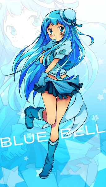 Anime picture 800x1400 with katekyou hitman reborn bluebell matsurinnu single long hair tall image blush blue eyes blue hair pleated skirt inscription looking up girl skirt gloves hat star (symbol)