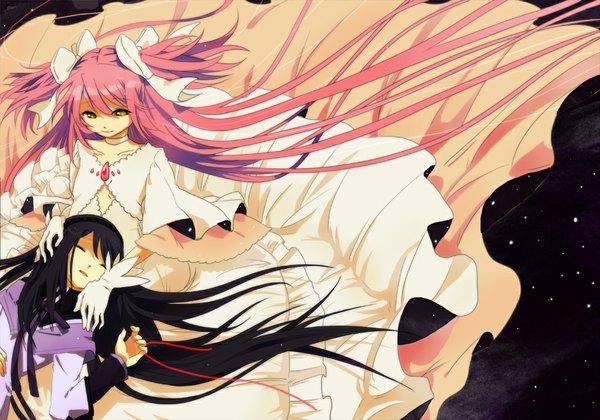 Anime picture 1000x701 with mahou shoujo madoka magica shaft (studio) akemi homura kaname madoka goddess madoka open mouth black hair smile twintails multiple girls yellow eyes pink hair eyes closed very long hair girl dress gloves bow 2 girls hair bow