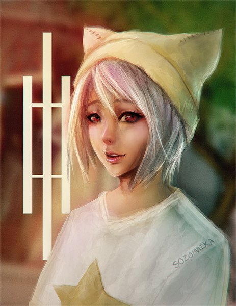Anime picture 695x900 with sozomaika single tall image looking at viewer short hair smile red eyes animal ears silver hair parted lips cat ears teeth girl star (symbol) cap