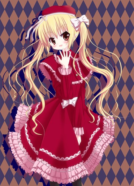 Anime picture 1154x1600 with original hikaru6382 single long hair tall image blush blonde hair red eyes twintails rhombus girl dress bow hair bow hat