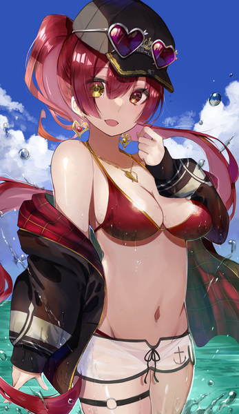 Anime picture 2370x4096 with virtual youtuber hololive houshou marine houshou marine (summer) r (ryo) single long hair tall image looking at viewer highres breasts open mouth light erotic large breasts sky cloud (clouds) ponytail red hair :d heterochromia