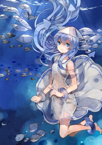 Anime picture 1000x1414 with shinryaku! ika musume ika musume susu (artist) single long hair tall image blue eyes bare shoulders blue hair underwater transparent tentacle hair girl water bracelet sundress fish (fishes)