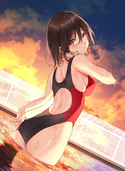 Anime picture 1500x2048 with original harui (hr x9 ) single tall image looking at viewer blush fringe short hair breasts light erotic hair between eyes brown hair standing brown eyes sky cloud (clouds) outdoors ass head tilt wet