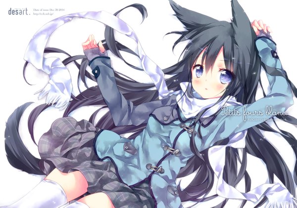 Anime picture 1261x885 with original ech single long hair looking at viewer blush fringe open mouth blue eyes black hair white background animal ears lying very long hair inscription :o on back fox ears fox girl plaid skirt