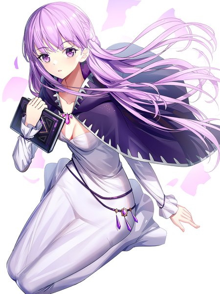Anime picture 900x1200 with fire emblem fire emblem: the binding blade nintendo sophia (fire emblem) ririko (zhuoyandesailaer) single long hair tall image looking at viewer blush fringe breasts open mouth simple background white background purple eyes cleavage purple hair full body braid (braids)