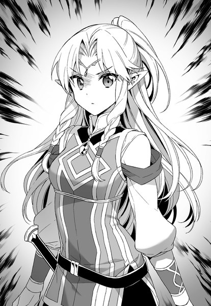 Anime picture 1326x1920 with isekai cheat magician miyura (isekai cheat magician) nardack single long hair tall image looking at viewer fringe smile standing braid (braids) pointy ears official art twin braids monochrome elf half updo serious girl weapon
