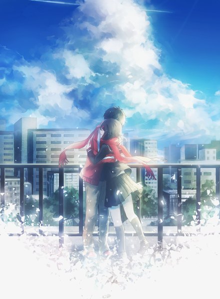 Anime picture 1425x1940 with kagerou project shaft (studio) tateyama ayano kisaragi shintarou domik long hair tall image fringe short hair open mouth black hair smile standing sky cloud (clouds) ahoge outdoors eyes closed long sleeves profile