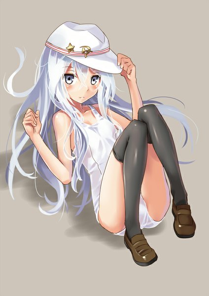 Anime picture 566x800 with kantai collection hibiki destroyer verniy destroyer katahira masashi single long hair tall image looking at viewer blush light erotic simple background sitting bare shoulders silver hair silver eyes hammer and sickle girl thighhighs black thighhighs swimsuit
