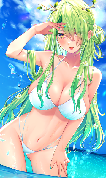 Anime picture 1783x2995 with virtual youtuber hololive hololive english ceres fauna sosuke (yrmon) single long hair tall image looking at viewer blush fringe highres breasts open mouth light erotic large breasts yellow eyes sky cloud (clouds) nail polish