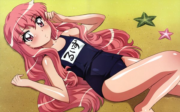 Anime picture 1920x1200 with zero no tsukaima j.c. staff louise francoise le blanc de la valliere blush highres light erotic wide image pink hair pink eyes beach swimsuit one-piece swimsuit school swimsuit