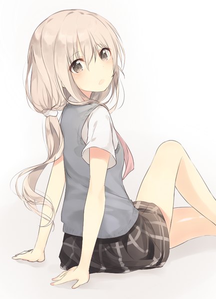 Anime picture 650x900 with original seki (l0410706268) single long hair tall image looking at viewer fringe open mouth simple background blonde hair hair between eyes white background sitting bent knee (knees) arm support short sleeves grey eyes side ponytail plaid skirt low ponytail